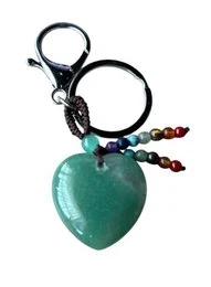 Green heart-shaped aventurine chakra keychain with beaded accents.