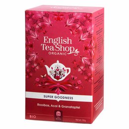 Organic rooibos, acai, and pomegranate tea in a red floral box. The tea is described as "super goodness" and contains 20 tea bags.
