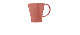 A pink ceramic cup with a scalloped design and a handle.