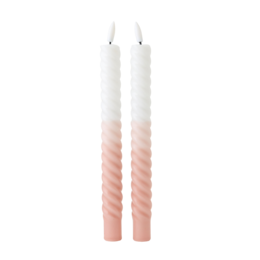  Set of 2 LED swirl candles in sand and pink colors, with a spiral design and a decorative base.