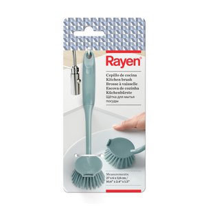 Rayen – multifunctionele keukenborstel, ergonomische soft-touch handgreep, oppervlaktereiniger met antiaanbaklaag, krasbestendig, geïntegreerde schraper voor hardnekkige resten, blauw, afmetingen 27 x 6 x 3,8 cm