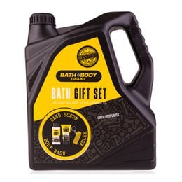 A bath and body gift set for men, featuring a black and yellow container with various bath and body products inside.