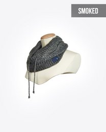 Black knitted snood scarf with a textured pattern. Made of soft, warm material. Suitable for casual or formal wear.