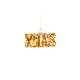Gold metallic "XMAS" ornament, made of glass, measuring approximately 14.5 x 3.5 x 7.5 cm. Suitable for hanging on a Christmas tree or other holiday decor.