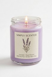  "Lavender purple scented candle, cylindrical glass jar, calming floral design, natural wax"