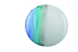 Oval-shaped presentation plate with watercolor-inspired blue, green, and white design.