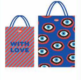  Vibrant blue and red gift bags with eye motifs, perfect for a unique and eye-catching presentation.