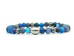 A bracelet made of blue and gray beads, featuring a mix of colors and materials for a stylish accessory.