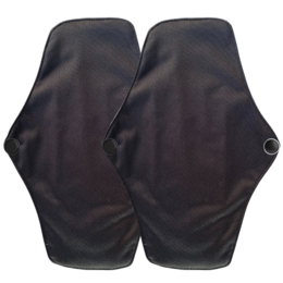 Reusable sanitary napkins in a duo pack, made of soft, breathable black fabric.