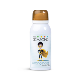 Strong hold hair gel for kids, 75ml bottle, white and gold packaging with cartoon characters.
