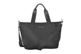 A large, charcoal grey nylon tote bag with a simple, minimalist design. The bag features two top handles and a detachable shoulder strap for versatile carrying options. Suitable for everyday use or as a stylish accessory.
