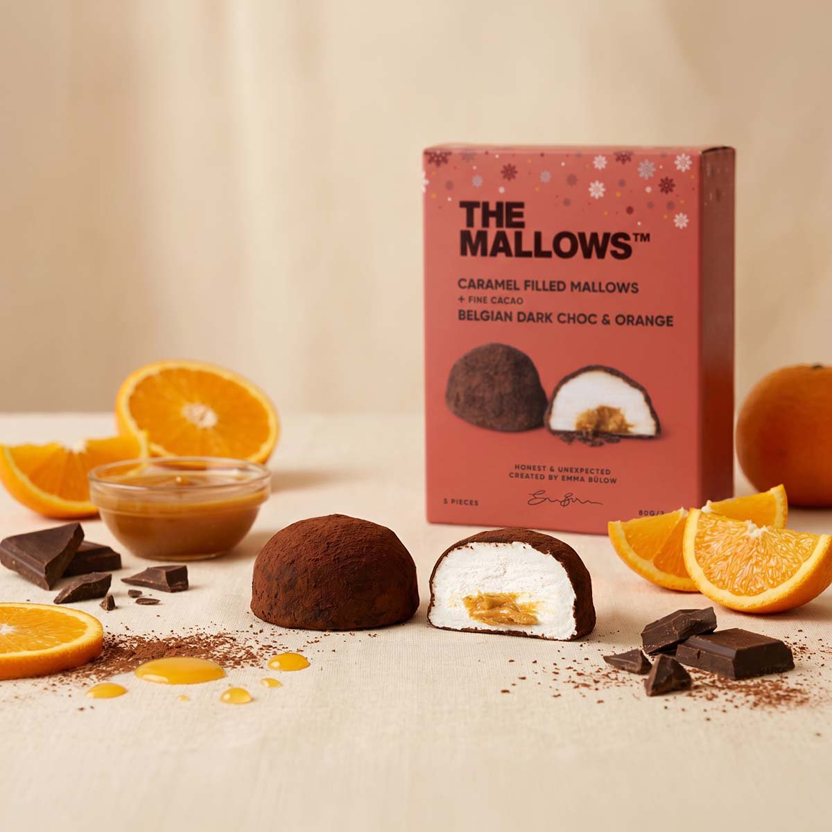 CARAMEL FILLED MALLOWS + DARK CHOC & ORANGE - 5 PCS