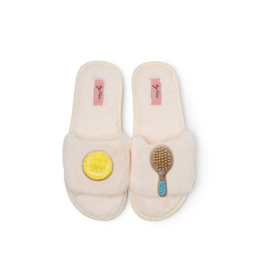  Pair of tennis brooches with racket and ball embellishments, cream and pink fuzzy slippers style design
