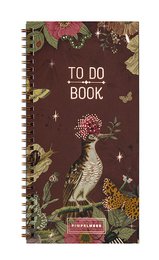 A maroon-colored to-do book with a nature-inspired design featuring a blue tit bird, leaves, and stars. The book has lined pages for note-taking and planning.