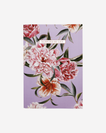 A4 notebook with luxurious lilac floral design, featuring vibrant pink and orange flowers on a lavender background.