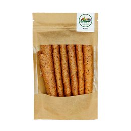 Crunchy kiwi fruit snack made with natural ingredients. Contains sliced kiwi fruit pieces.