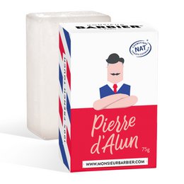 Natural aftershave in a white rectangular box with a man's illustration and the brand name "Pierre d'Alun" printed on it. The product is designed for beard care.
