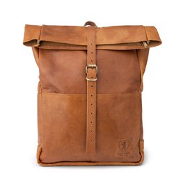  A brown leather backpack with a roll-top closure and a single adjustable strap.