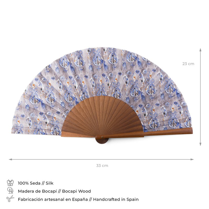 Handcrafted Silk Fan with Blue Ikat Pattern