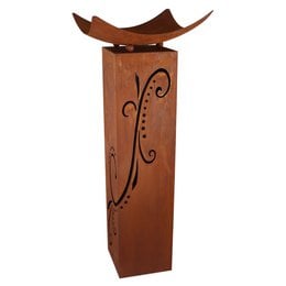  Rust-colored decorative column with ornamental design, suitable for garden or home decor. Made of metal with a curved top.