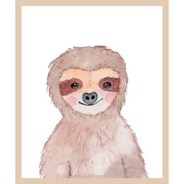  Colorful, whimsical illustration of a smiling sloth in a frame. Suitable for a child's room or nursery decor.