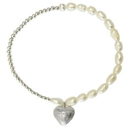 Freshwater pearl and hematite bracelet with heart-shaped charm, silver in color.