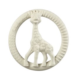 Round, white teething ring with giraffe figure. Made of safe, natural rubber. Ideal for soothing baby's gums during teething.