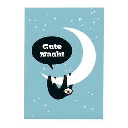 A whimsical poster featuring a sloth silhouette against a starry night sky, with the German text "Gute Nacht" (Good Night) displayed in a speech bubble. This charming wall art is perfect for decorating a child's bedroom or nursery, with its playful and calming design.