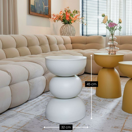 Off-white round side table made of iron, 46 cm tall and 32 cm in diameter.