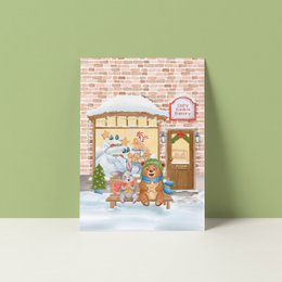  A white greeting card with the text "DENK aan jou" (Think of you) in colorful lettering, accompanied by a small illustration of a bear.