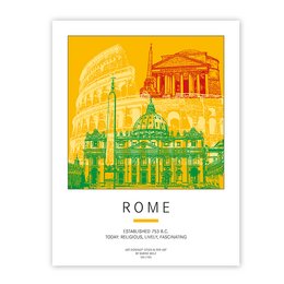 Vibrant poster depicting the iconic landmarks of Rome, including the Colosseum and St. Peter's Basilica, set against a warm, golden sky. Showcases the architectural beauty and historical significance of the Eternal City.