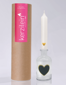 Glas mit Stabkerze und Patch Herz gold/schwarz, weiß/gold "Herz"