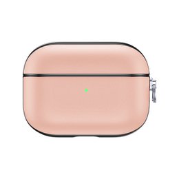 A pink, oval-shaped AirPods Pro case with a zipper closure and a metal accent.