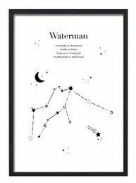 Aquarius zodiac sign poster featuring a constellation design in black and white. Available in A3 and A4 sizes.