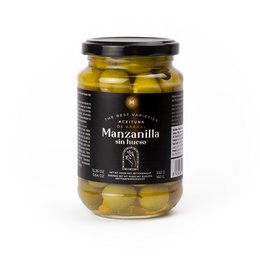 Manzanilla olives with pit, green olives preserved in brine, suitable for use in salads, tapas, and other Mediterranean dishes.