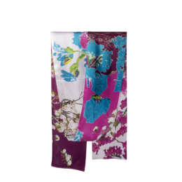 Vibrant floral silk scarf with abstract patterns in shades of pink, blue, and yellow.