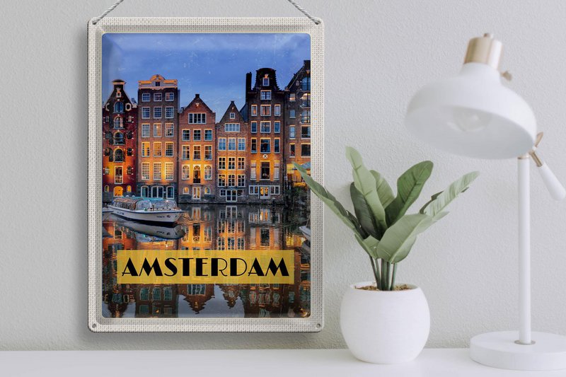 Tin sign travel 30x40cm Amsterdam at night travel destination