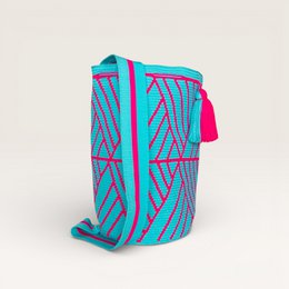  Geometric backpack in French blue with vibrant, colorful patterns and a round shape.