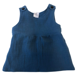 Blue denim baby dress with pleated skirt and adjustable straps.