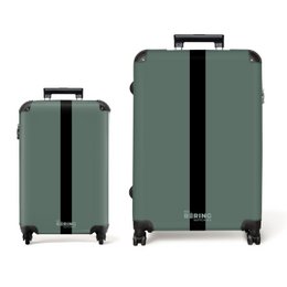  Lightweight green suitcase with black stripe, available in 3 sizes, made for travel with 4 wheels for easy rolling.