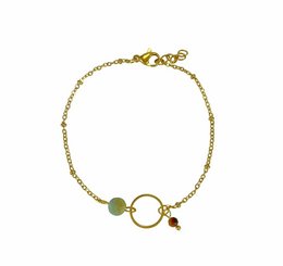 Gold-toned bracelet with amazonite and tiger eye stones, featuring a circular charm and a delicate chain.