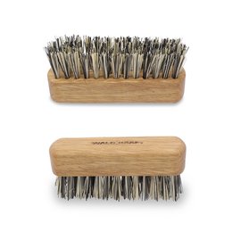 Rectangular wooden beard brush with natural bristles for grooming and styling facial hair.