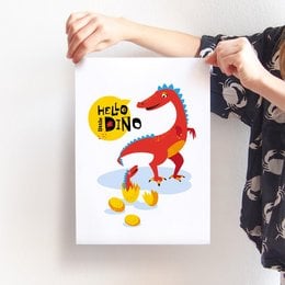 A colorful illustration of a friendly red dinosaur with the text "Hello Dino" on a white background. This poster would be suitable for a child's room or nursery decor.