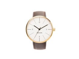 Elegant watch with a stainless steel case, white dial, and brown leather strap. Suitable for formal and casual wear.