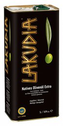 5 liter extra virgin olive oil canister in a black and gold container, with nutritional information label showing details about the olive oil product.