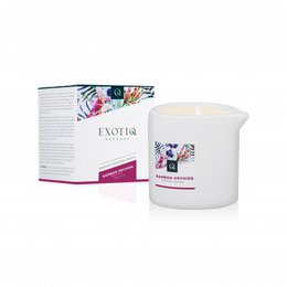 Massage candle with bamboo and orchid scents, packaged in a decorative container.