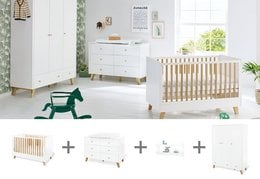 A modern, minimalist nursery set featuring a crib, changing unit, wardrobe, and wall shelf in a neutral color palette. The crib has a slatted wooden design with a clean, contemporary style.
