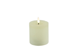 Cream-colored, cylindrical LED candle with a rustic finish, measuring 7.5 cm in diameter and 8 cm in height.