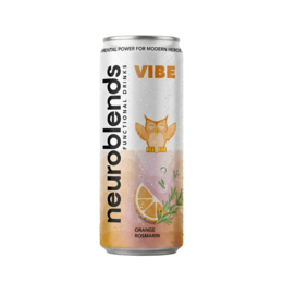"VIBE lemonade can with orange cat illustration, citrus fruits, pastel pink and white design, refreshing beverage"