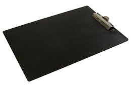 Black clipboard with metal clip. Rectangular shape, suitable for office use.